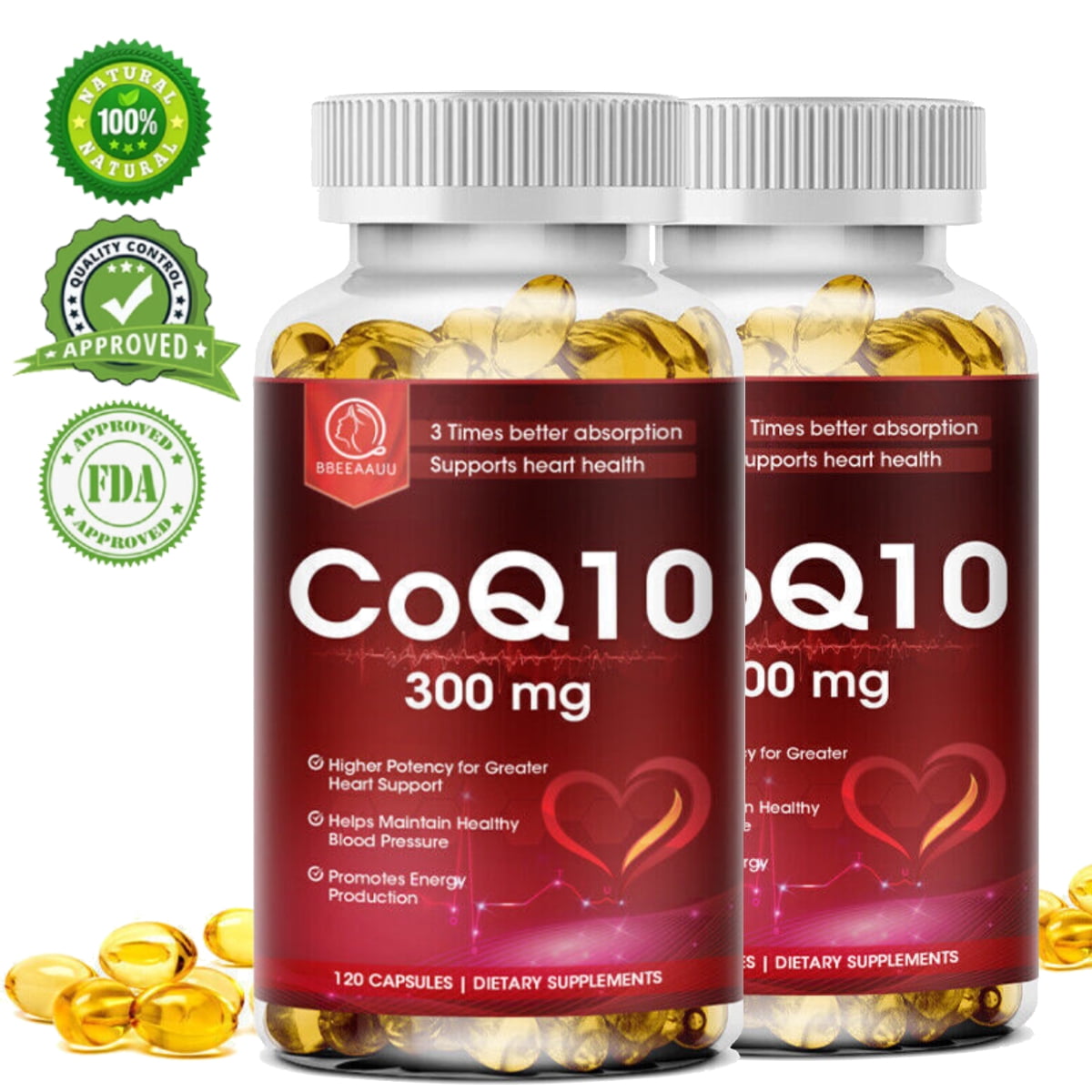 (2 Pack)BEAU COQ10 Coenzyme Q10 300 mg Softgels,Vegetarian Capsules