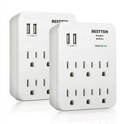 [2 Pack] BESTTEN 6-Outlet Wall Mount Surge Protector, 3.1A Dual USB Charging Ports, 15A/125V/1875W