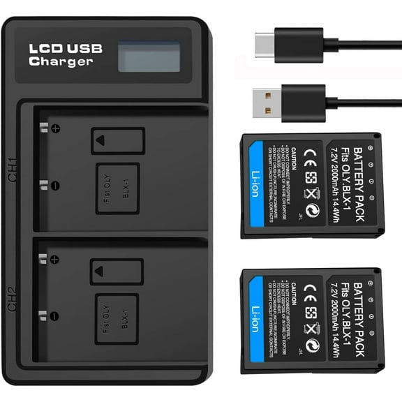2-Pack BLX-1 Rechargeable Battery and Dual Battery Charge Station for Olympus OM System OM-1 Camera [7.2V/2000mAh]