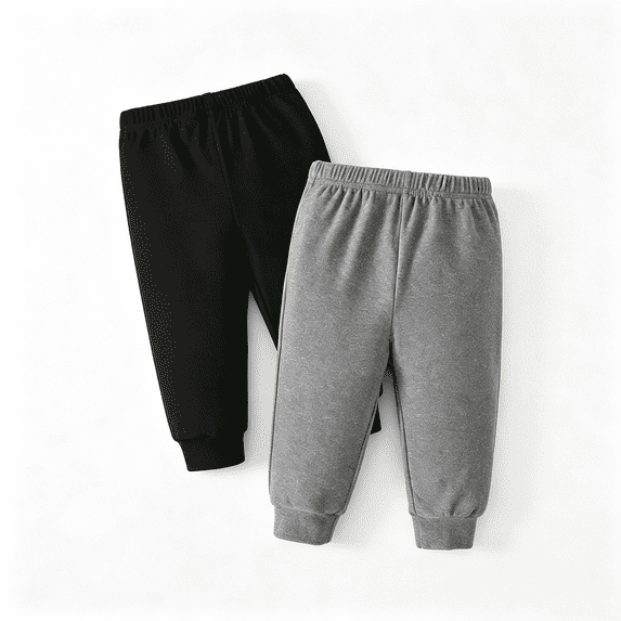 2-Pack Baby Boys Jogger Pants Soft Stretch Cotton Solid Color Elastic Waist Casual Bottoms Black,Gray,Green,Navy,Cream.Size 6M-4Y