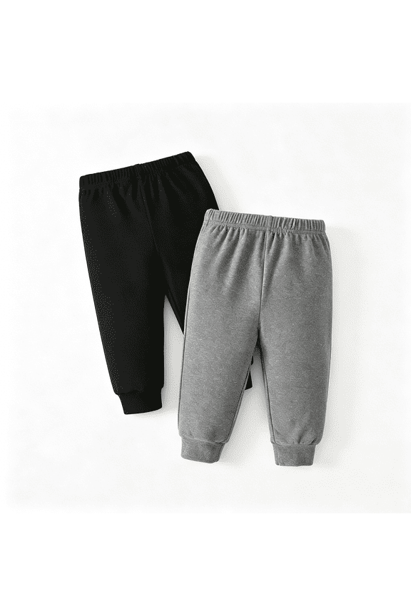 2-Pack Baby Boys Jogger Pants Soft Stretch Cotton Solid Color Elastic Waist Casual Bottoms Black,Gray,Green,Navy,Cream.Size 6M-4Y