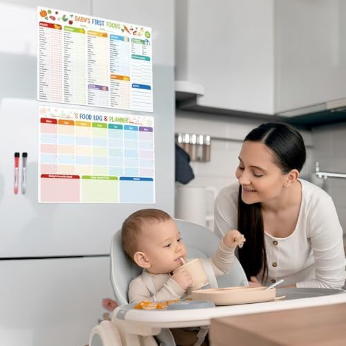 2 Pack Baby First Foods Checklist, 14x10"Baby Food Chart with 2 Dry Erase Markers, Magnetic Baby's Food Checklist & Daily Food Log Meal Planner, Babys First 100 Foods Tracker Magnet for Fridge