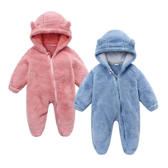 2 Pack Baby Fleece Jumpsuit Infant Girls Zipper Footie Bear Ear Hooded Romper Long Sleeve Newborn Onsies Hunting Snowsuit, Blue, 0 Months