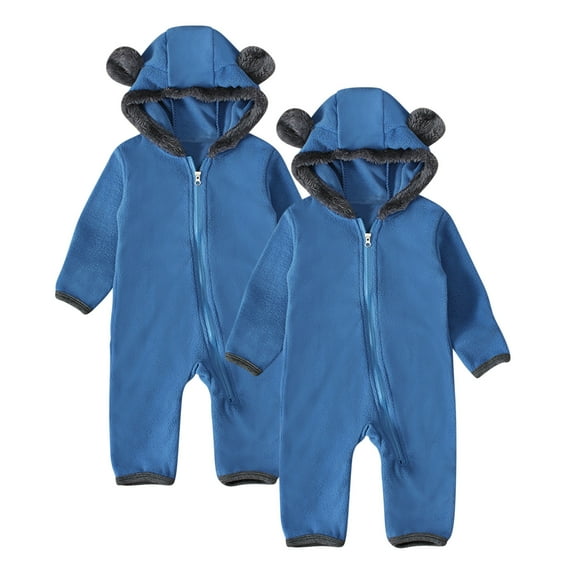 2 Pack Baby Onesies Fleece Bodysuits Newborn Infant Cute Ears Hooded One Piece Romper Zip up Hoodie Jumpsuits, 18 Month Blue