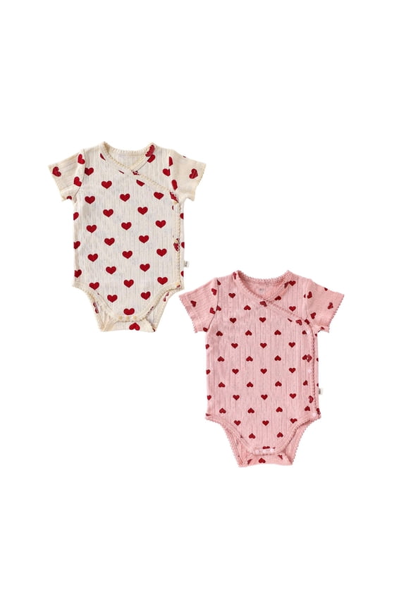 2 Pack Baby Side Snap Kimono Bodysuits, Cute Bow & Heart Print Ribbed Short Sleeve Triangle , Breathable Summer Belly Protection Rompers Unisex Newborn Boys Girls