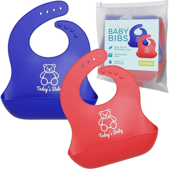 2 Pack Baby Silicone Bibs with Food Catcher - Navy/Red