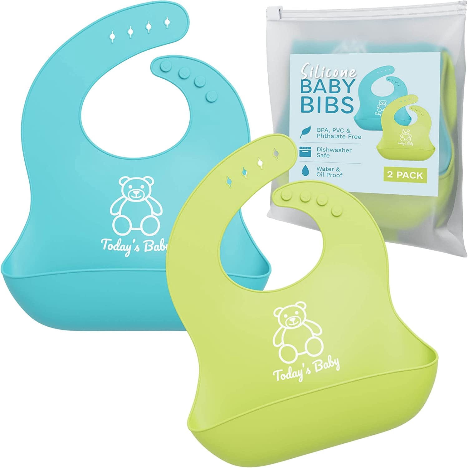 2 Pack Baby Silicone Bibs with Food Catcher - Teal/Green - Walmart.com