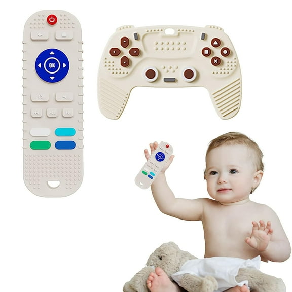 2-Pack Baby Teether Toys Silicone Toddler, Educational Sensory Toy Chew Toys, TV Remote Control Shape Teething Toys for Babies 6-18 Months (Beige)
