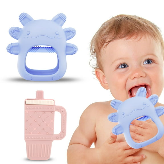 Rirool 2 Pack Baby Teething Mittens (Blue & Pink) - Soft Silicone Teether Toy for 3-12 Months, Anti-Drop, BPA-Free, Easy to Clean & Soothe Gums
