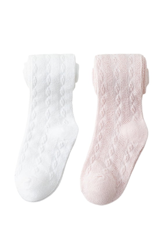 2 Pack Baby Toddler Girl's Tights Cable Knit Mesh Leggings Little Girl Seamless Stockings Bows Cotton Pantyhose, M(1-2 years), White + Pink
