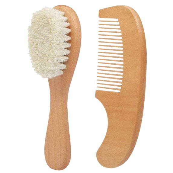 2 Pack Baby Wooden Hair Brush and Comb Set, Soft Goat Hair for Cradle Cap, Gentle Massage and Grooming