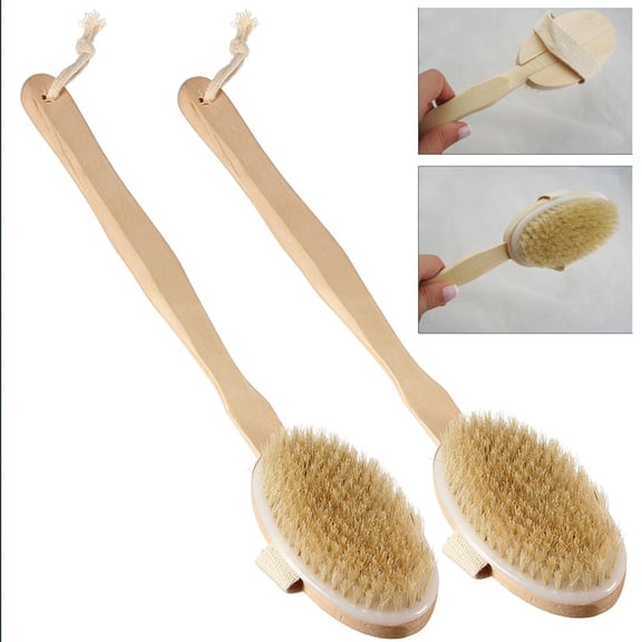 2 Pack Back Body Shower Bath Brush, Soft Natural Bristles, Wooden Long Handle, Dry and Wet Exfoliating Body Scrubber, Removable Head Design, Back Cleaning Brush for Shower Use