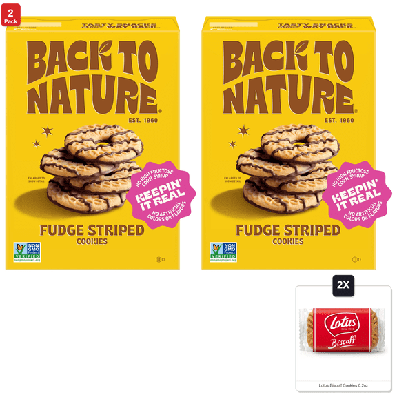 2 Pack | Back To Nature Fudge Striped Cookies, Plant-Based, Non-Gmo, Made With Wheat Flour, Snack Happy, 7.7 Oz Box & 2x Lotus Biscoff Cookies 0.2oz