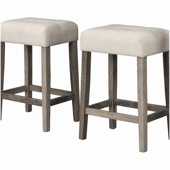 Set of 2 Backless Counter Stools with Linen Cushion, Transitional Kitchen Bar Stools in Antique Oak Finish