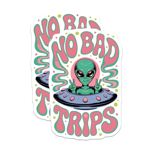 (2 Pack) No Bad Trips Stickers - Alien Peace Sign UFO Art - Psychedelic Groovy Vibe - 5" On Longest Side - Sticks to Smooth Flat Surfaces - Made in USA - BMCS20275