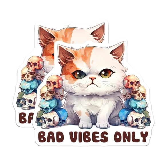 (2 Pack) Bad Vibes Cat Stickers - Skull Kitty Decal - Funny Feline Meme - 5" On Longest Side - Sticks to Smooth Flat Surfaces - Made in USA - BMCS15273