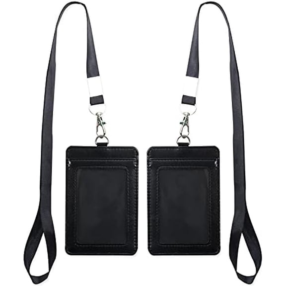 2 Pack Badge Holders with Detachable Neck Lanyard Strap, Vertical PU Leather ID Card Holder 1 Clear Window & Slot for Work ID, School Metro and Access Card(Black) Black+black$$Office