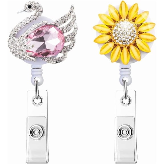 2 Pack Badge Reel Retractable Cute Swan Sunflower Badge Holders Bling Glitter Handmade ID Name Card Holder with Alligator Clip for Work Office Nurse Teacher Student