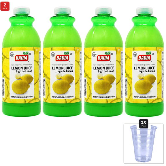 2 Pack | Badia Lemon Juice, 32 Fl Oz Natural Citrus Flavor For Cooking, Baking, And Refreshing Beverages (Pack Of 2) & 3x Disposable Cup