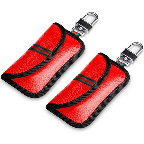 2 Pack Bag for Car Key Fob, Genuine Leather Car Key Signal Blocking Pouch Keyless Signal Block Key Case for Car Security, Anti-Theft Remote Entry Smart Fob Protection - Red