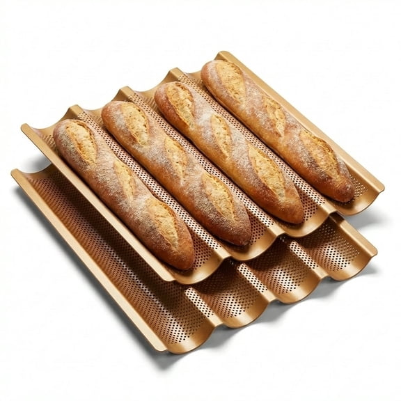 2 Pack Baguette Baking Pan, 4 Loaf Perforated Nonstick French Bread Pan with Proofing Cloth, for Sourdough & Italian Bread, Crisp Crust Bakeware, 15" x 13"