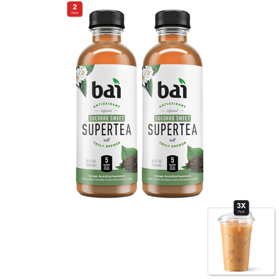 2 Pack | Bai Iced Tea, Socorro Sweet, Antioxidant Infused Supertea, 18 Fluid Ounce Bottle & 3x 16oz Plastic Cup with Strawless Sip-Lid