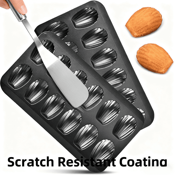 2 Pack Baking Pans Set: Nonstick Cookie Cake Pan & 12-Well Shell Madeleine Mold, Durable Carbon Coating - Easy Demold for Cookies & Mini Cakes