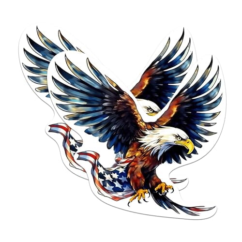 (2 Pack) Bald Eagle American Flag Patriotic Stickers - USA American Pride - 5 Inches On Longest Side - Premium Vinyl Decal - Sticks to Any Smooth Flat Surface - Made in USA - BMCS2234