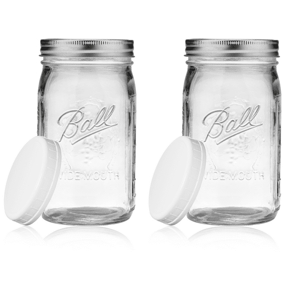 (2-Pack) Ball 32oz Wide Mouth Mason Jars with Lids, Bands, Screw-On Plastic Lids