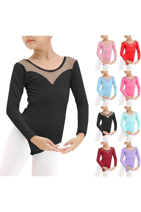 2 Pack Ballet Leotards for Girls Elegant One-Piece Long Sleeve Rompers Size 2-15 Toddlers Teens Solid Crewneck Stretchy Slim High-Cut Dance Workout Jumpsuits
