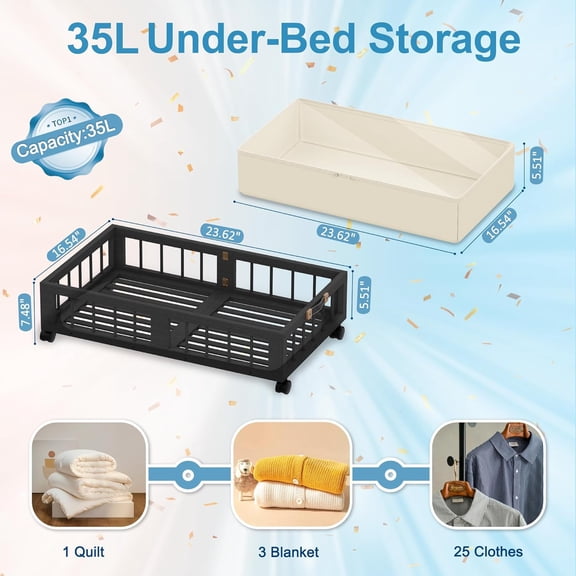 2-Pack Bamboo Under Bed Storage Containers with Wheels, Under Bed Clothes Storage Basket with Large Dust Bag, Rolling UnderBed Storage for Bedroom, Dorm and Basement, Black