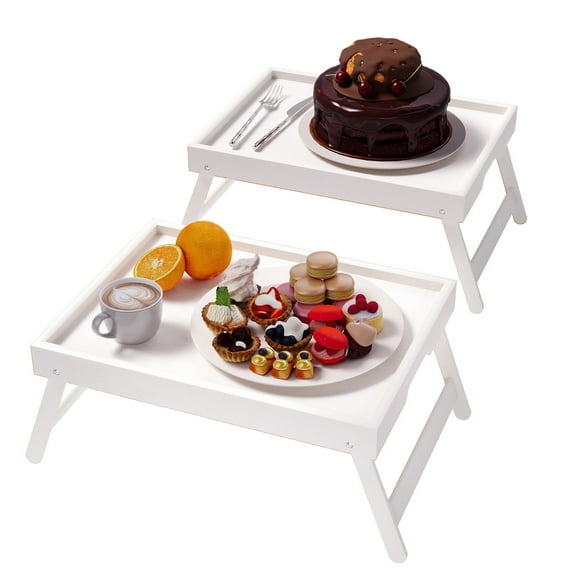 Danfoxer 2 Pack Bamboo Bed Tray Table with Folding Legs,Breakfast Trays,Serving Tray,Laptop Tray for Working,food Snack Tray for Bed and Sofa(White)