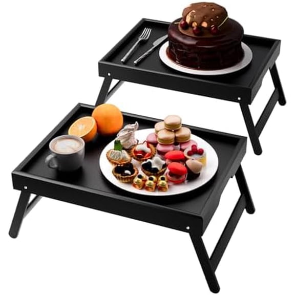 2 Pack Bamboo Bed Tray Table with Folding Legs,Breakfast Trays,Serving Tray for Food and Snack,Laptop Trays for Working(Black)