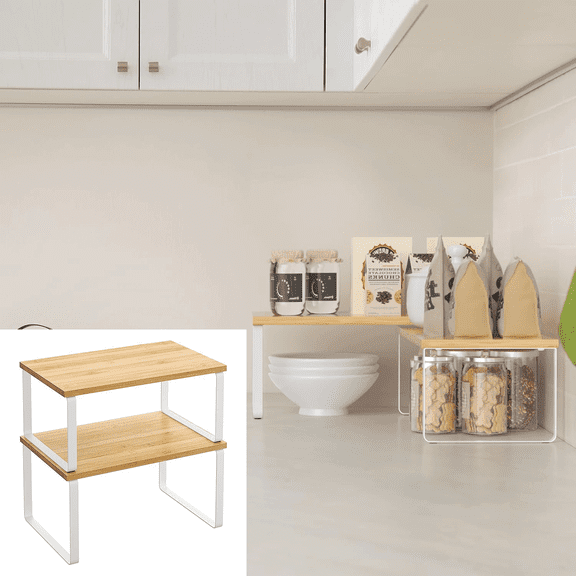 2 Pack Bamboo Cabinet Shelf Organizers, Kitchen Counter Shelves, White