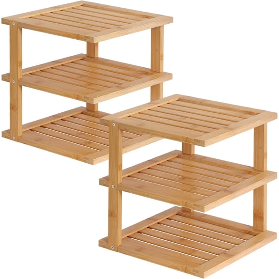 2 Pack Bamboo Corner Shelf,3 Tier Kitchen Cabinet Organizer for Plates and Dishes,Pantry Storage and Spice RackNatural