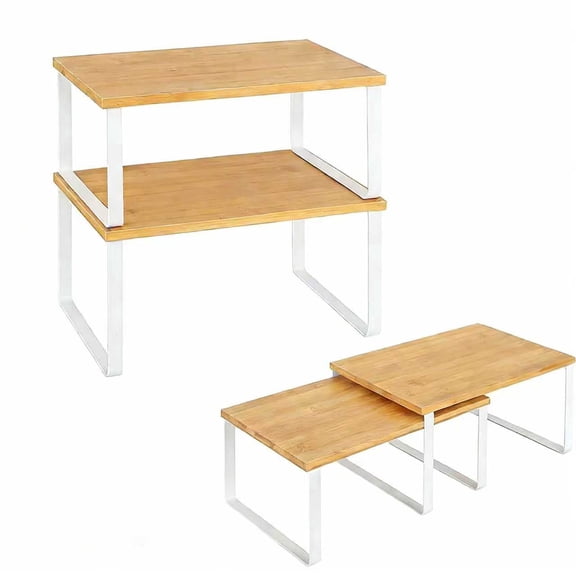 2 Pack Stackable & Expandable Bamboo Countertop Shelves, White Metal Frame Storage Organizer for Kitchen, Bathroom & Pantry