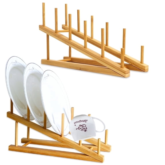 TIE-DailyNec 2 Pack Bamboo Kitchen Organizer, Dish Drying Rack & Pot Lid Holder for Plates, Bowls, Cutting Boards