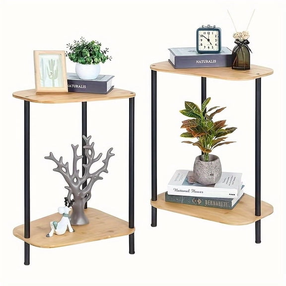 2-Pack Bamboo End Tables - 2-Tier Round Nightstands with Storage for Living Room & Bedroom - Space-Saving Small Side Tables (Natural Color)