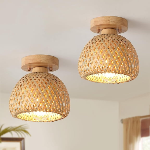 2 Pack Bamboo Flush Mount Ceiling Light Fixture Boho Natural Handmade Woven Small Semi Flush Mount Ceiling Light for Kitchen Bedroom Hallway Farmhouse Entry Hall