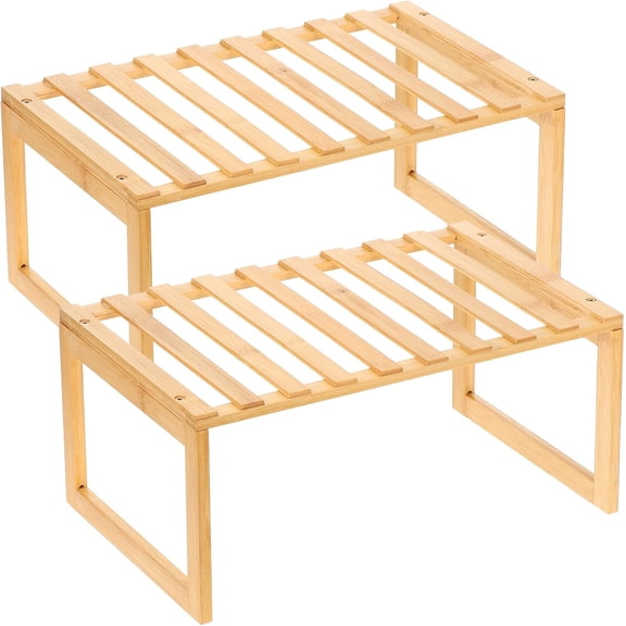 2 Pack Bamboo Kitchen Cabinet Organizer, 13.55"x9.44"x6.88" Stackable Countertop Shelf, Ventilated Slat Design Bathroom Storage Shelf, Bamboo Bookshelf for Kitchen, Bathroom, Countertop & Pantry