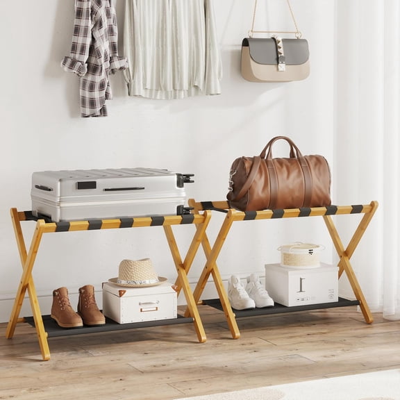 2 Pack Bamboo Luggage Rack for Guest Room, 26.77" Folding Wide Suitcase Stand with Fabric Storage Shelf, Thickened Luggage Stand Holder for Bedroom Hotel, Luggage Rack for Suitcases (Natural)