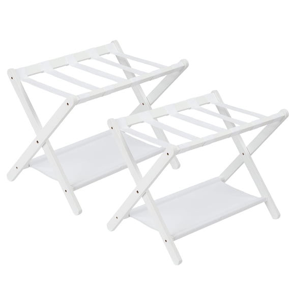 2-Pack Bamboo Luggage Rack with Storage Shelf, Folding Suitcase Stand with Nylon Straps, 110lb Capacity, Compact and Convenient for Bedrooms, Hotels, and Living Rooms, White