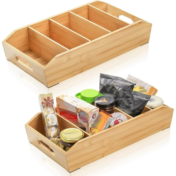 2 Pack Bamboo Pantry Organizers, Storage Bin with Removable Dividers, Divided Snack Oragnizer with Handle, Stackable Cabinet Basket, Drawer Caddy for Kitchen Office Packets Sauce Pouches