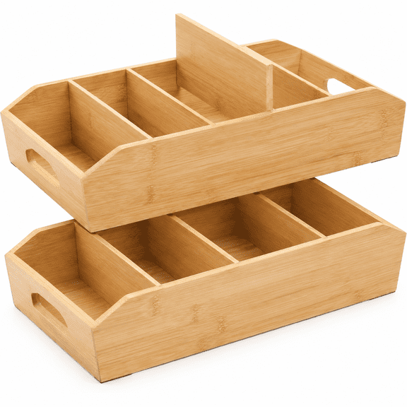 2 Pack Bamboo Pantry Organizers, Storage Bin with Removable Dividers, Divided Snack Organizer with Handle, Stackable Cabinet Basket, Drawer Caddy for Kitchen Office Packets Sauce Pouches