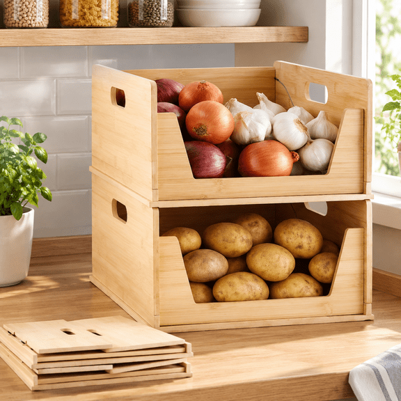 2 Pack Bamboo Pantry Organizers Storage Bins Large Stackable Open Front Potato and Onion Storage Baskets Foldable Kitchen Counter Organizer for Pantry Food Organization, 12.8 x 15.8 x 7.4 Inch