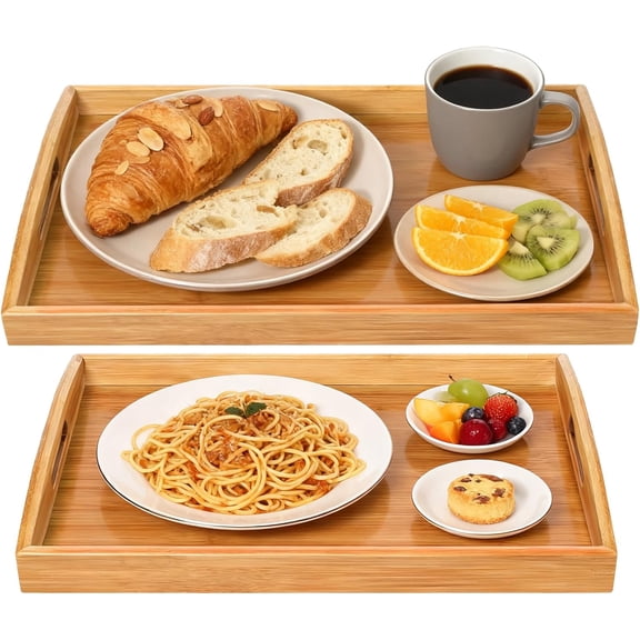 2-Pack Bamboo Serving Trays with Handles, 16" and 13", Decorative Set for Breakfast, Coffee, Tea, Snacks, Ideal for Coffee Table, Ottoman, Living Room & Kitchen