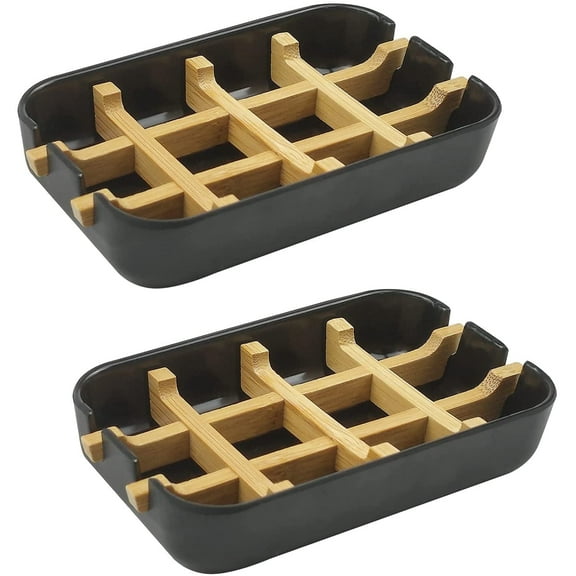 2 Pack Bamboo Soap Dish, Self-Draining Soap Box, Wooden Bamboo Bar Soap Holder for Shower, Bathroom, Kitchen, Bathtub, Bar Sink (Black)