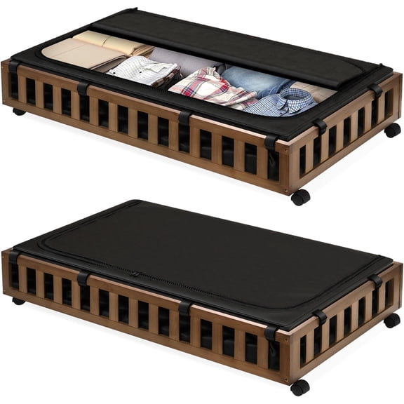 2 Pack Bamboo Under Bed Storage with Wheels, 39x20x7.8 Lager Under Bed Storage Containers (Brown)