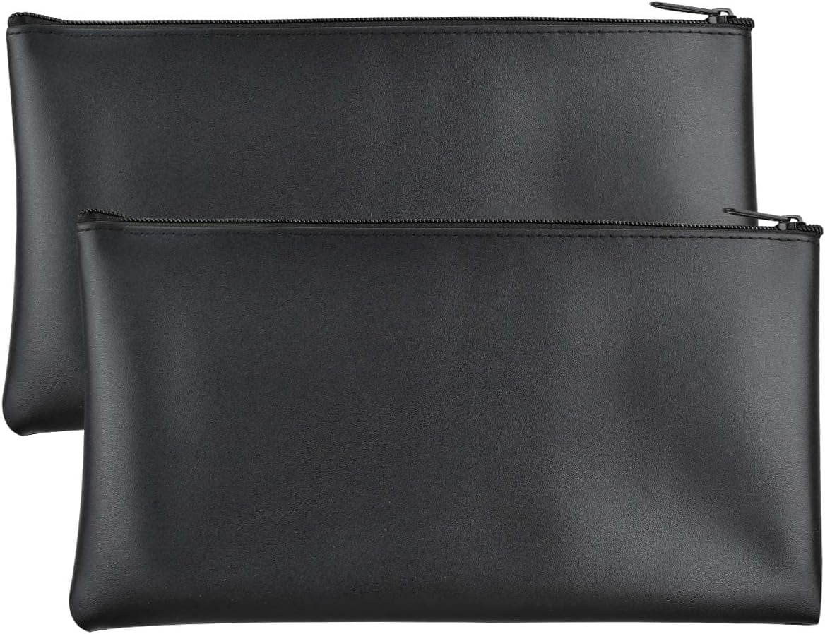 2 Pack Bank Bags with Zipper Bank Deposit Money Bag Pouch Bank Security Cash Bag Utility Securit Zipper Check Coin Bag 11x6 Inch Durable Men & Women Leatherette Wallet for ID Card Cosmetics (Black)