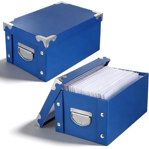 2-Pack Banker Boxes with Lids, 12"x8"x6" Receipt Box & Photo Storage Box, Foldable Navy Blue Cardboard Check Storage Boxs for Documents, Files, and Organizing